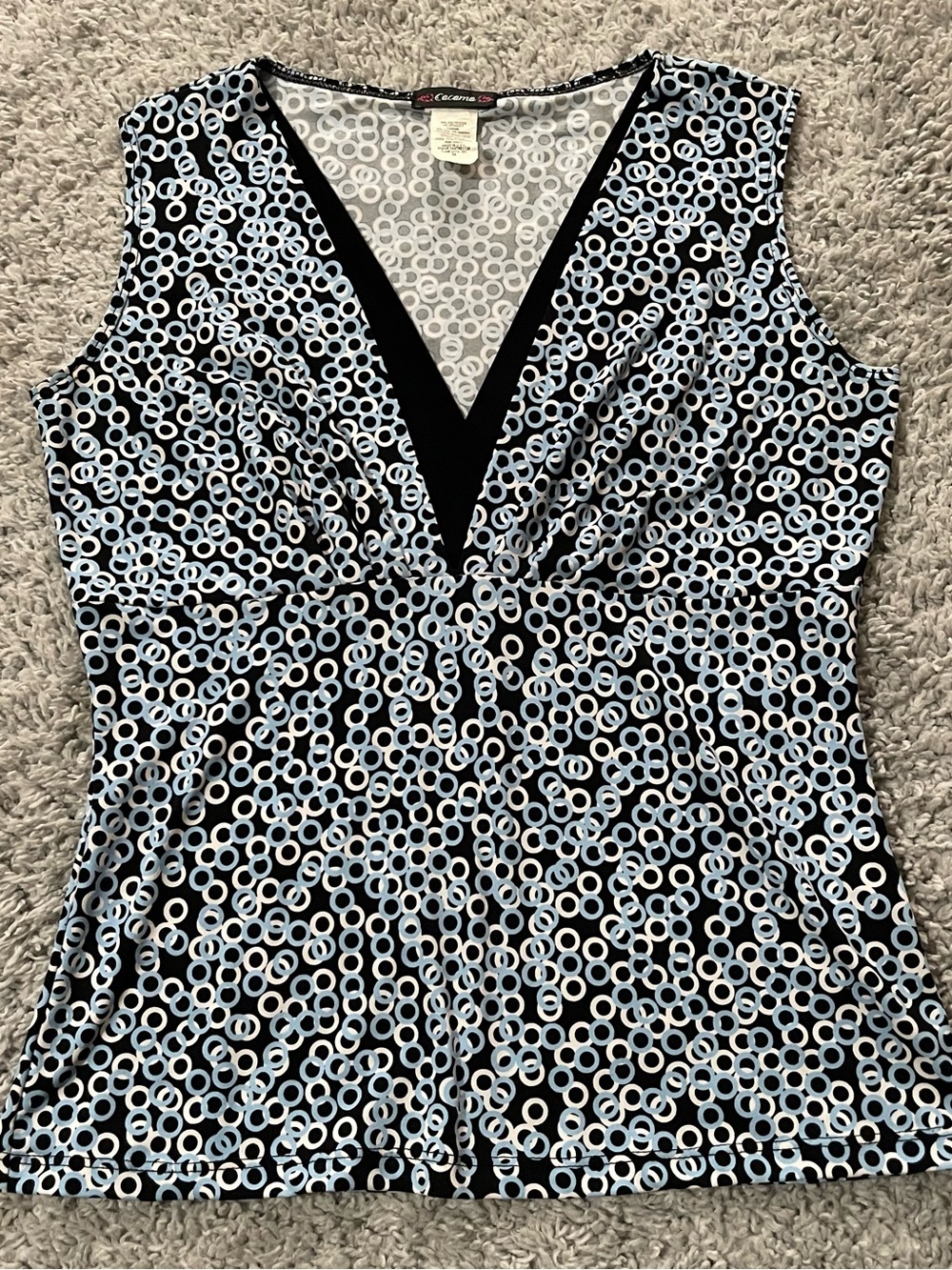 Vintage Y2K Cocoma Black And Light Blue Circle Print V-Neck Sleeveless Top
